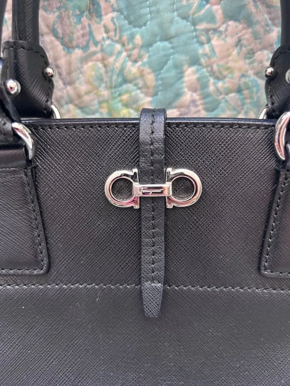 Salvatore Ferragamo Black Leather Gancini Structured Satchel Handbag Made Italy